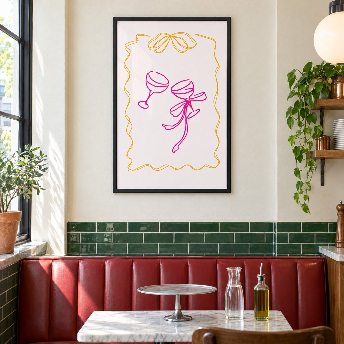 Two coupes pink bow ribbon frame print in a black frame above a red leather booth in a sunny pizzeria