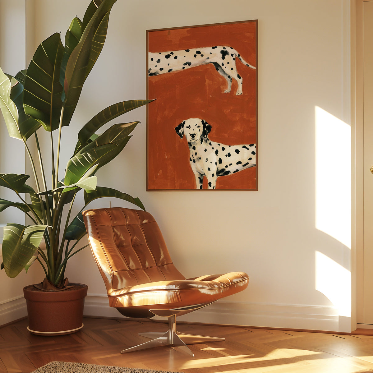 Rust red Dalmatian print in a slim walnut frame above a tan leather lounge chair