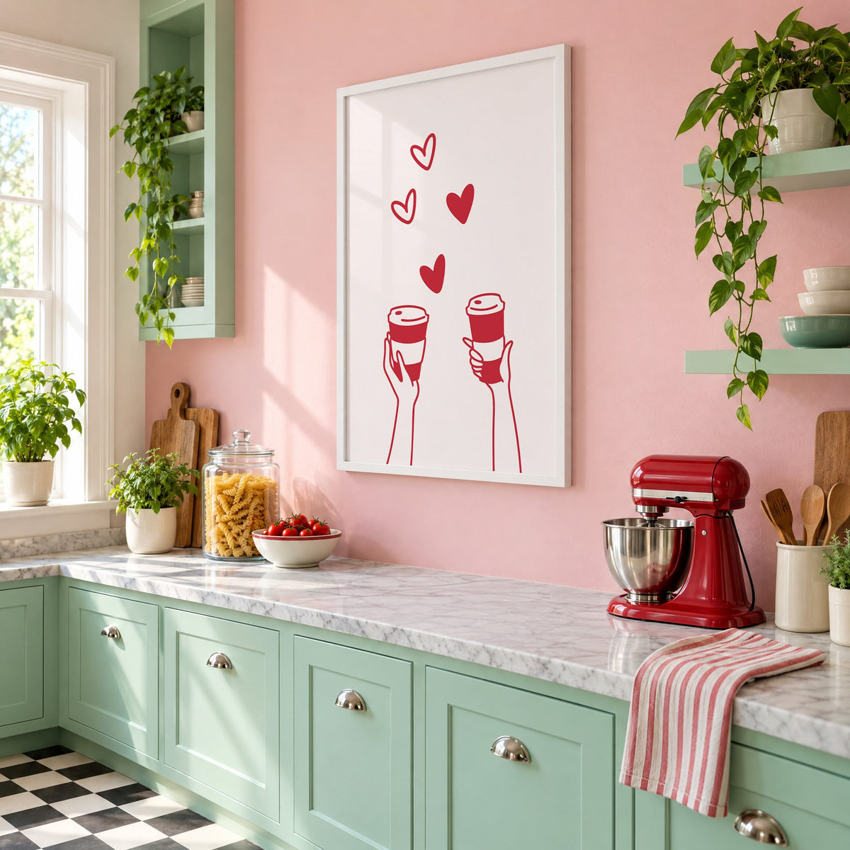 Two hands coffee cups and hearts red line print in a white frame on a pink wall above mint green cabinets in a retro kitchen, seen at an angle