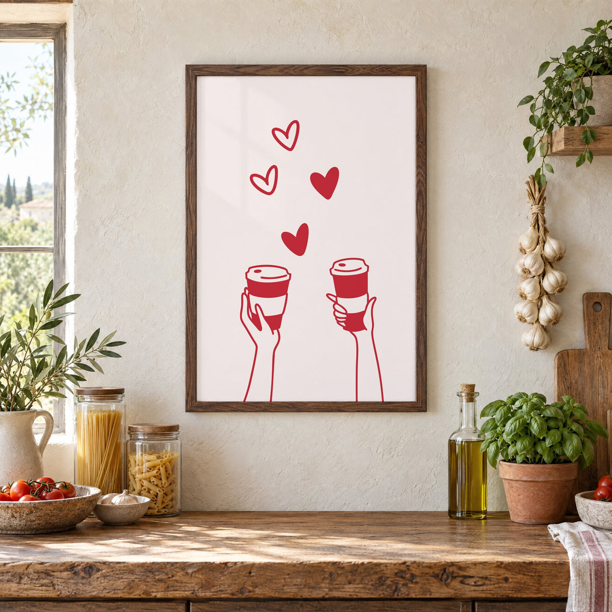 Two hands coffee cups and hearts red line print in a walnut frame above a rustic Italian pantry counter with pasta jars, garlic and tomatoes