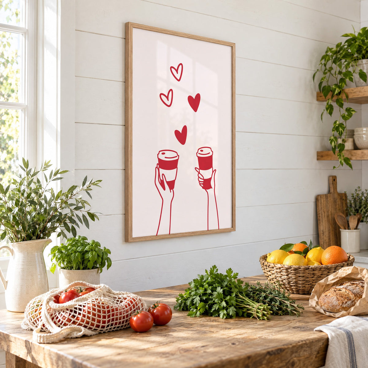 Two hands coffee cups and hearts red line print in an oak frame on a shiplap wall above a farm table with market tomatoes and citrus, seen at an angle