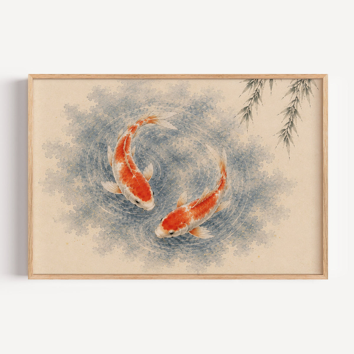 Two koi circling under a willow print in a light oak frame on a plain white wall