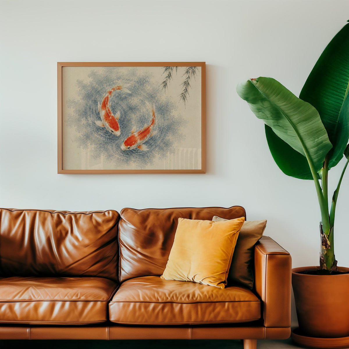 Two koi circling under a willow print in a warm oak frame above a cognac leather sofa with a mustard pillow