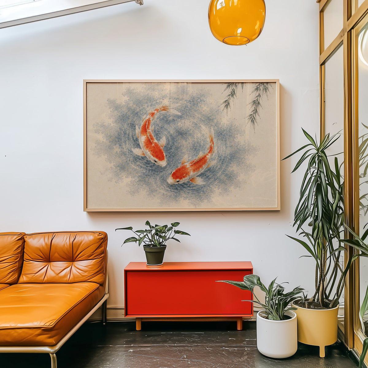 Two koi circling under a willow print in a light wood frame above a red cabinet beside a tan leather daybed