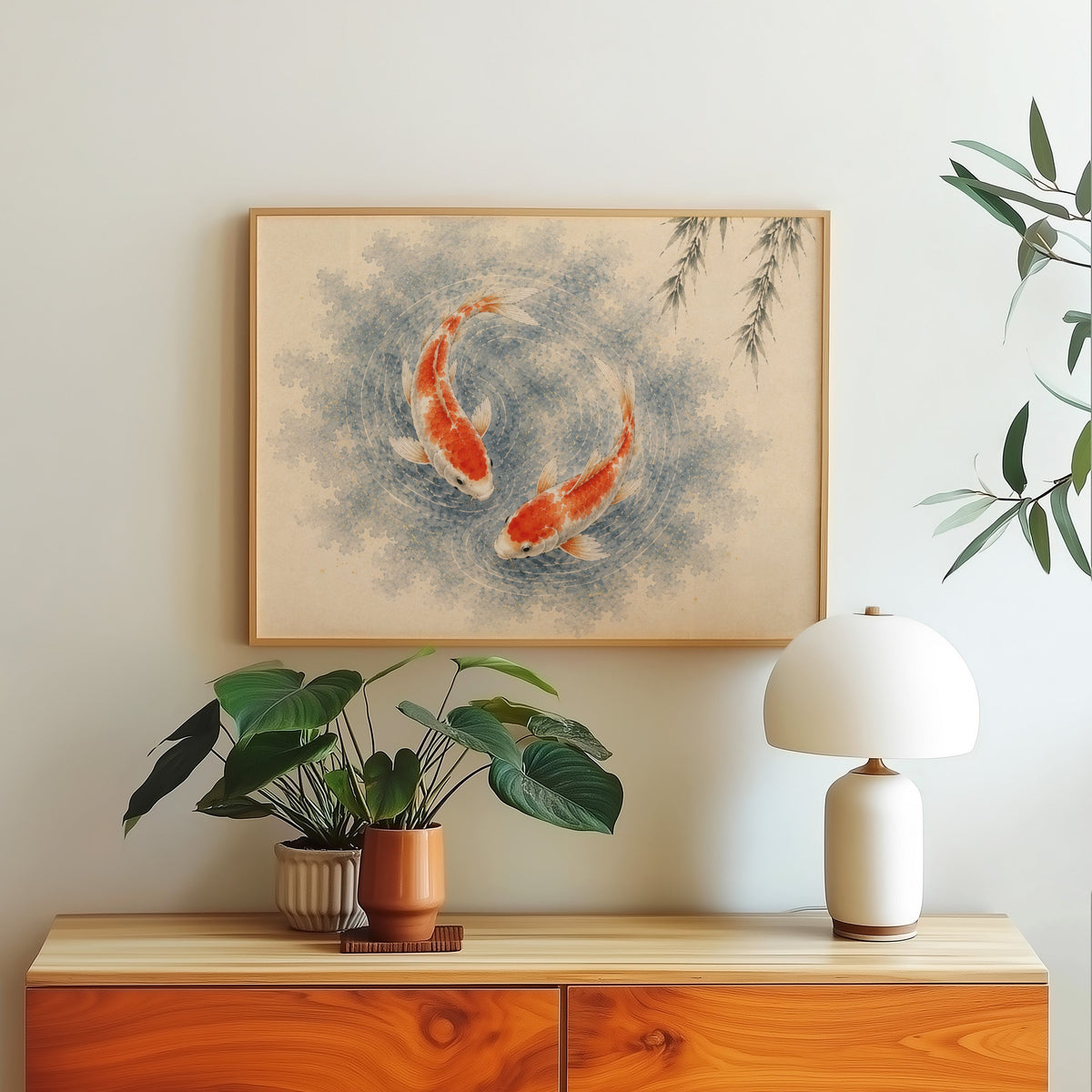 Two koi circling under a willow print in a light oak frame above a wood sideboard with a white dome lamp