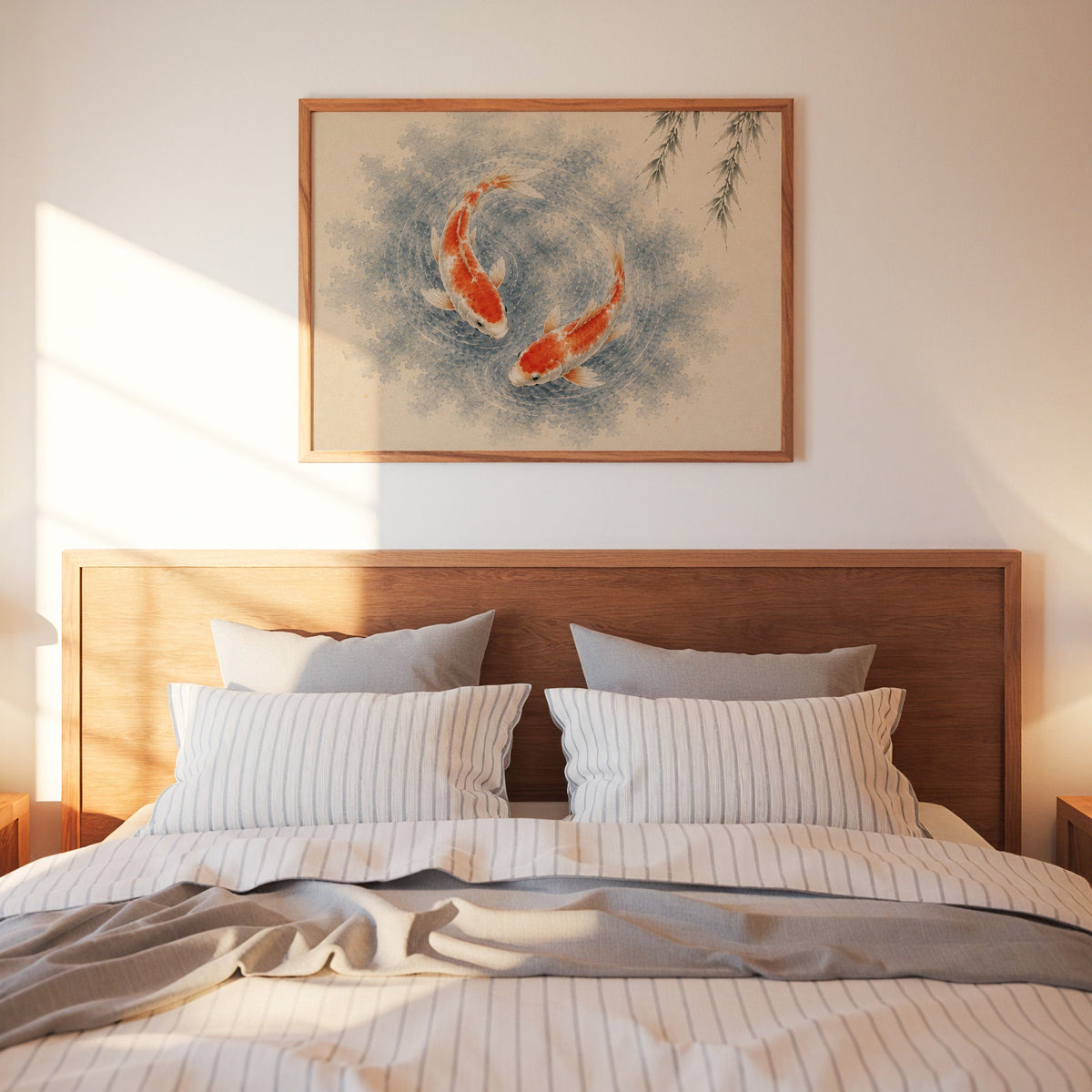 Two koi circling under a willow print in a warm wood frame above a bed with striped linen bedding