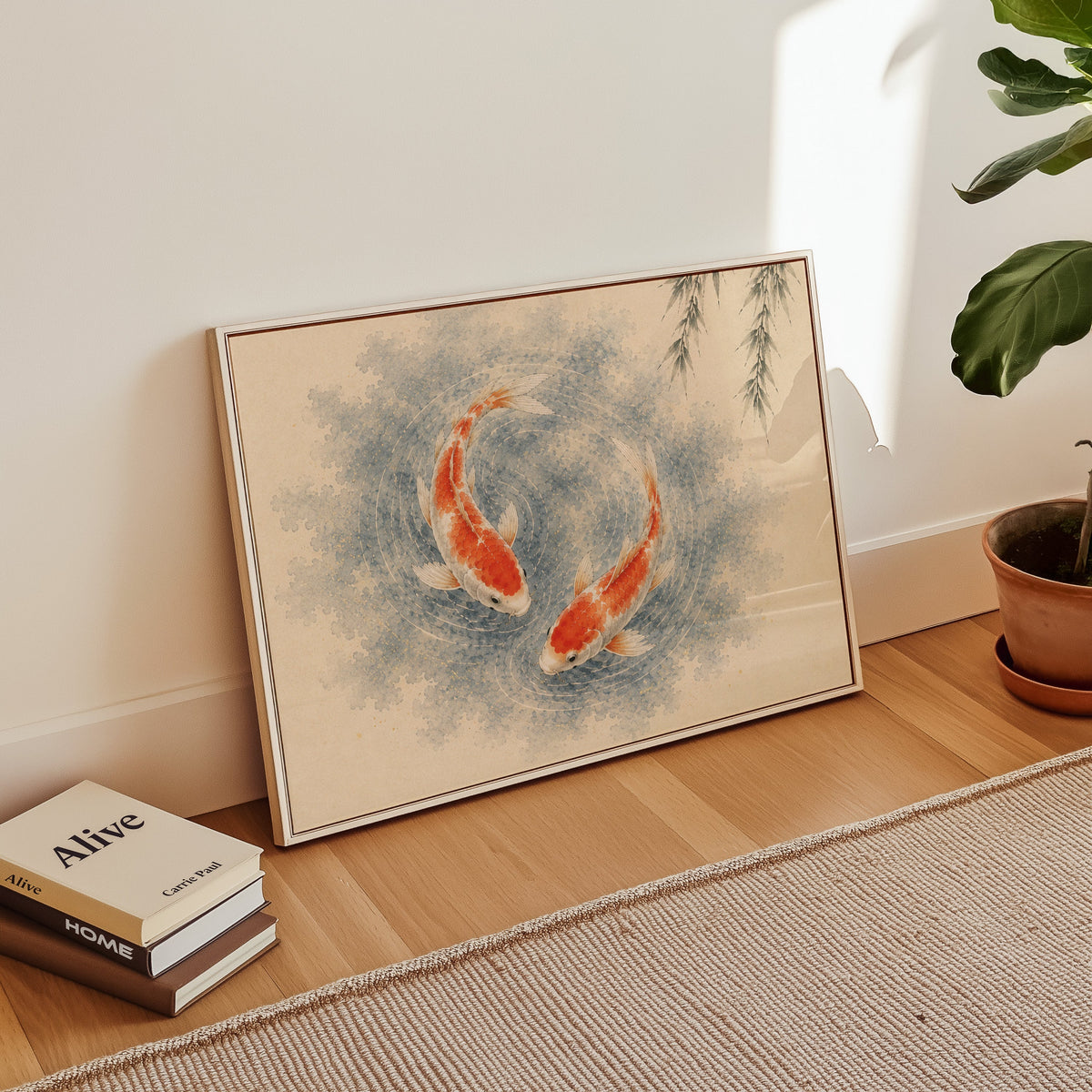 Two koi circling under a willow print in a white floater frame leaning on a wood floor beside stacked books