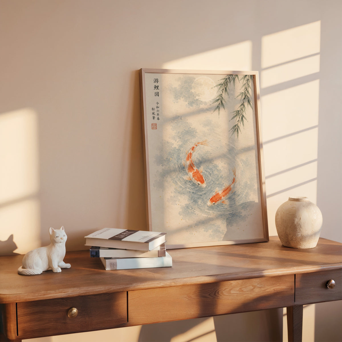 two koi with willow and moon print shown in a rose gold frame leaning on a wooden writing desk with books