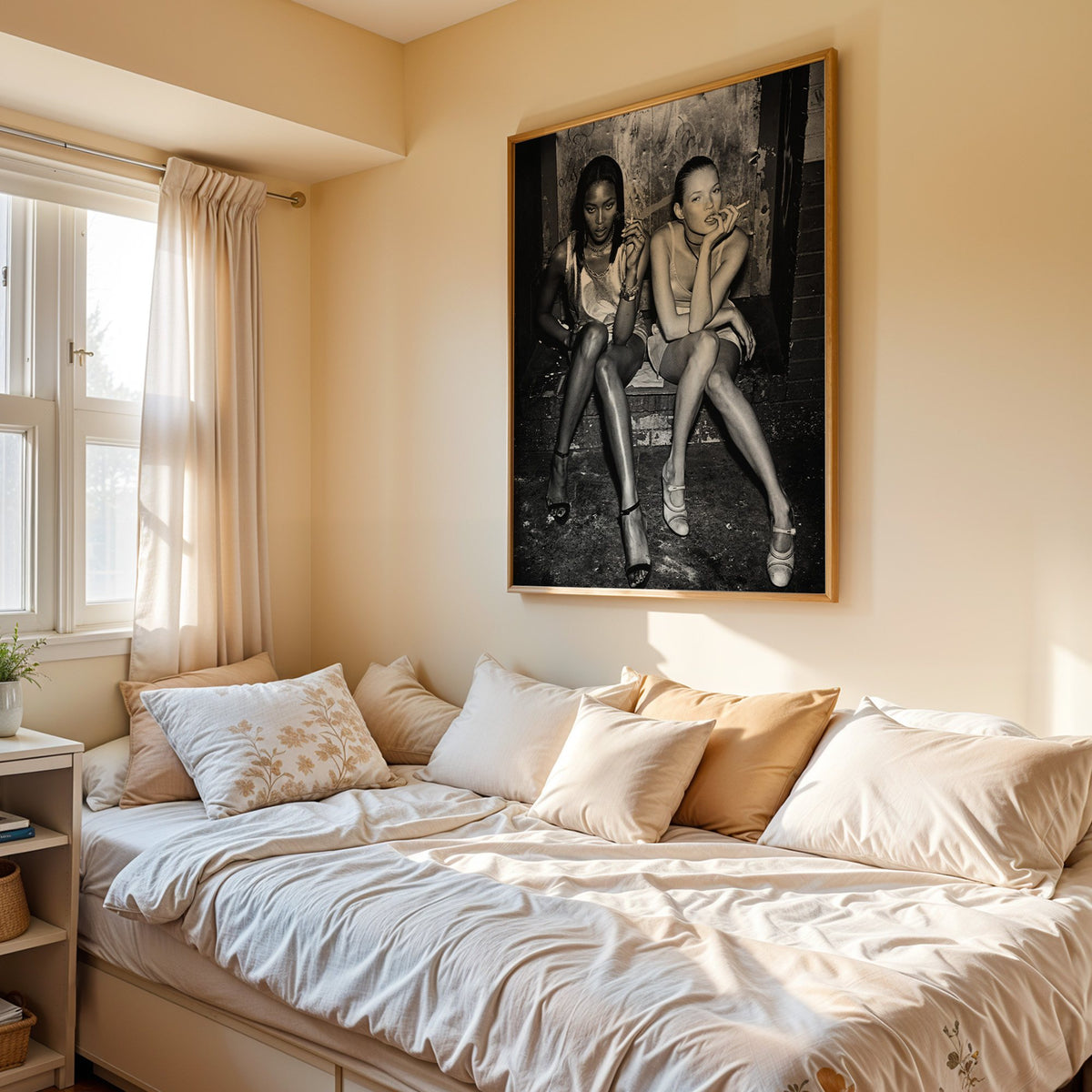 Two women seated on brick doorway steps print in an oak frame above a cream daybed in a sunny bedroom