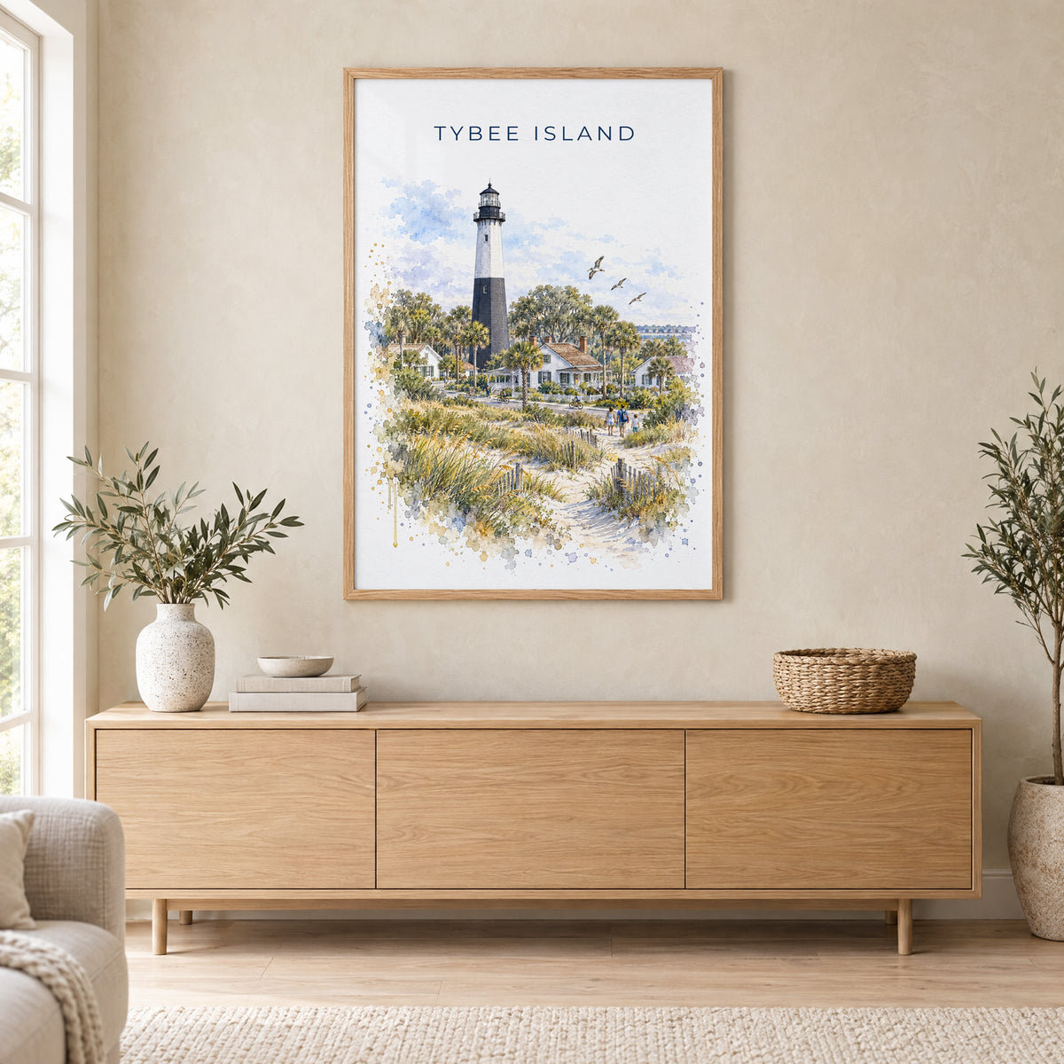 Tybee Island watercolor print in an oak frame above a light wood sideboard in a Scandinavian living room