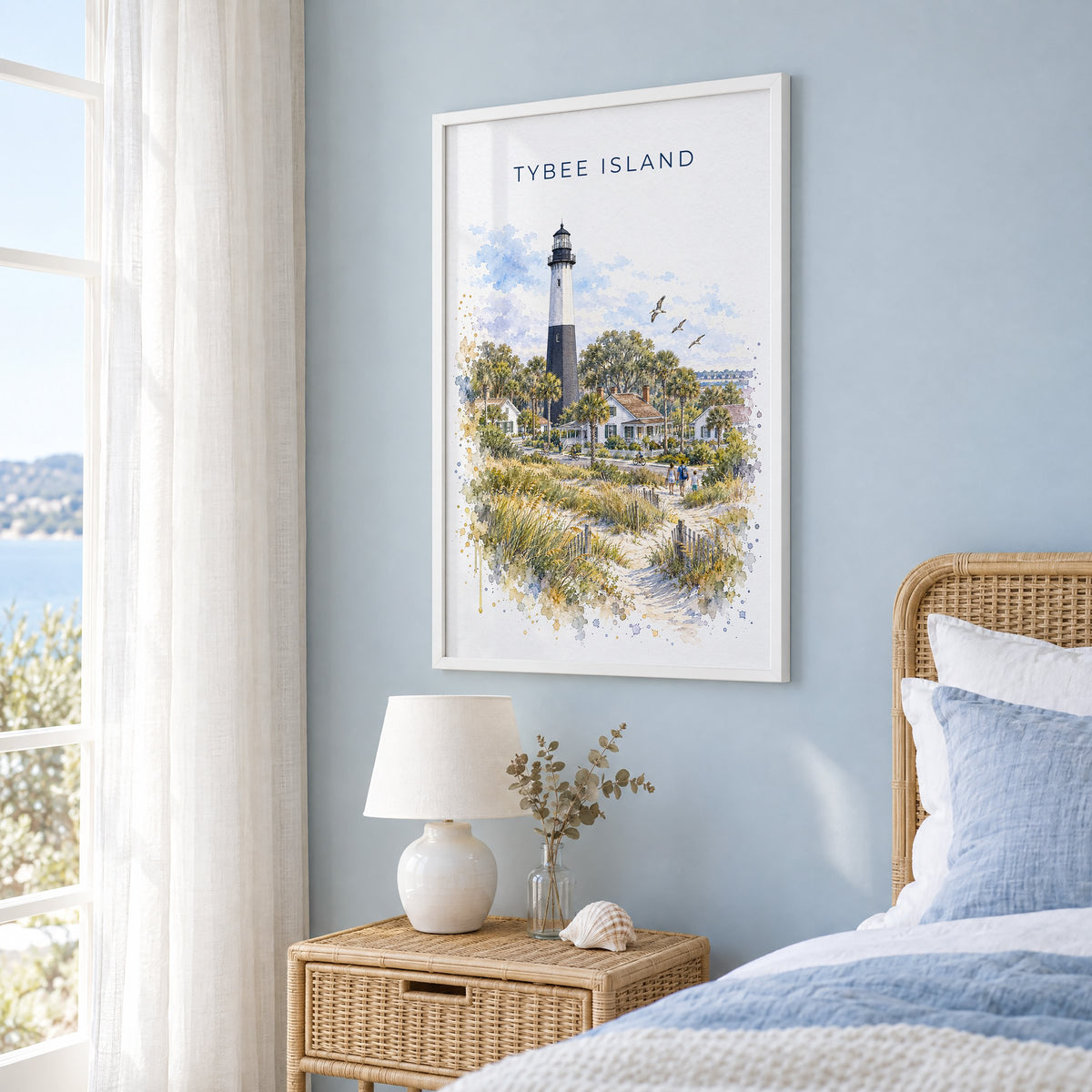 Tybee Island watercolor print in a white frame on a pale blue wall beside a rattan bed in a coastal bedroom