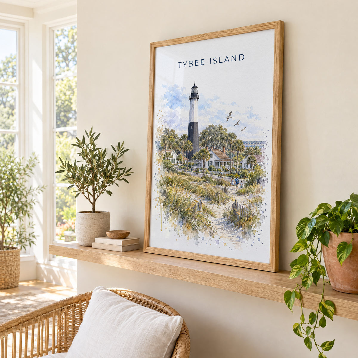 Tybee Island watercolor print in an oak frame on a picture ledge in a sunlit sunroom