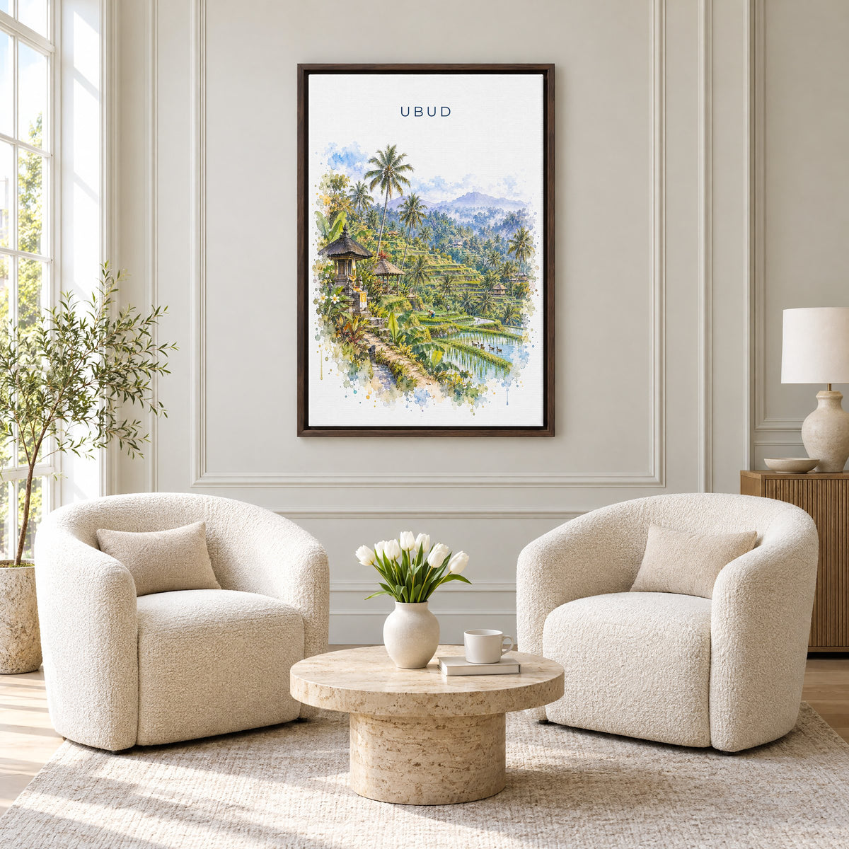 Ubud watercolor print as an espresso floater canvas above two boucle armchairs in a hotel lounge