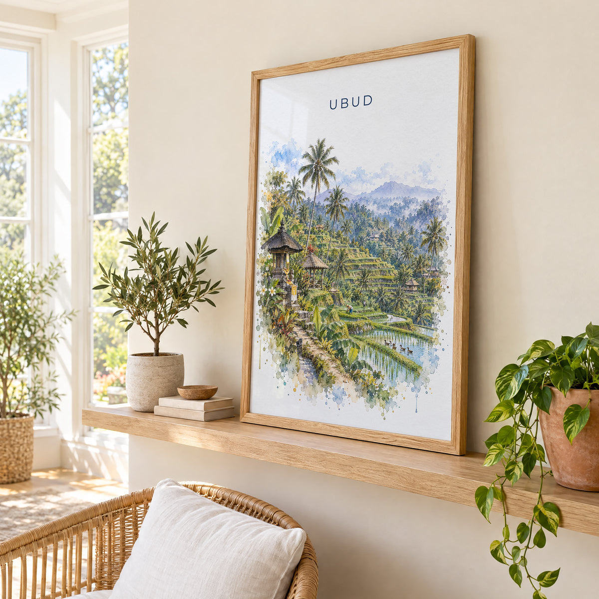 Ubud watercolor print in an oak frame on a picture ledge in a sunlit sunroom