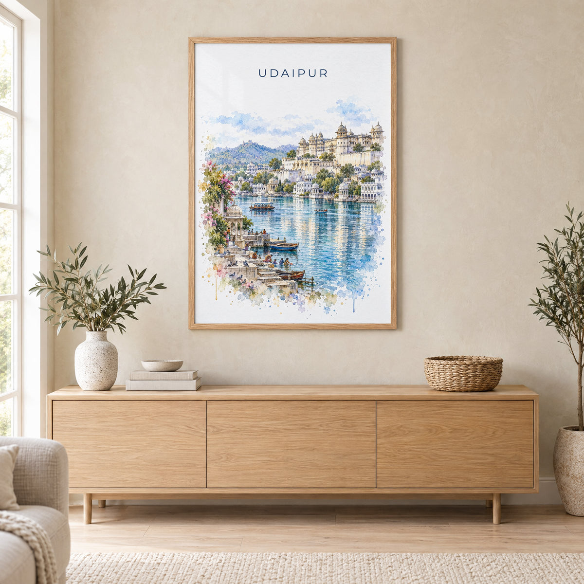 Udaipur watercolor print in an oak frame above a light wood sideboard in a Scandinavian living room