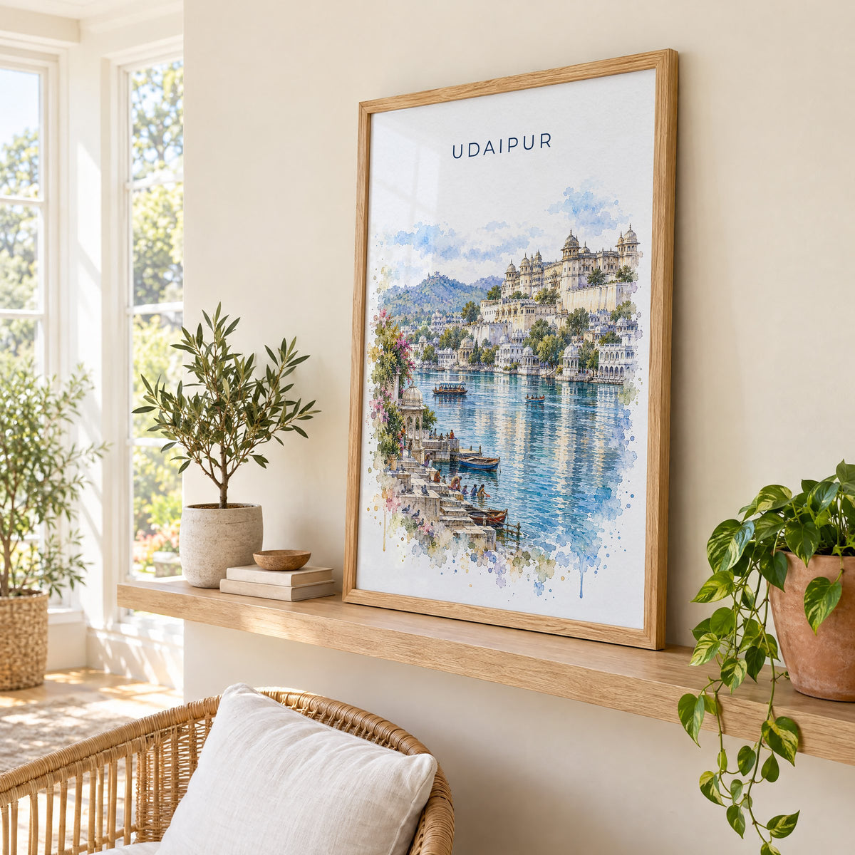Udaipur watercolor print in an oak frame on a picture ledge in a sunlit sunroom