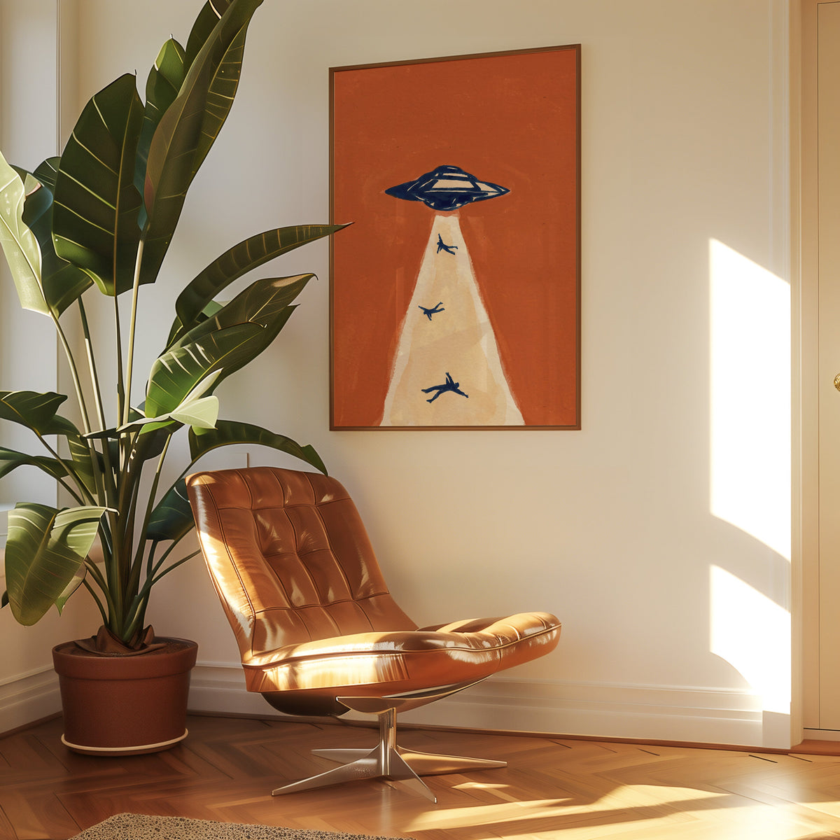 Retro sci-fi print in a slim walnut frame above a tan leather lounge chair