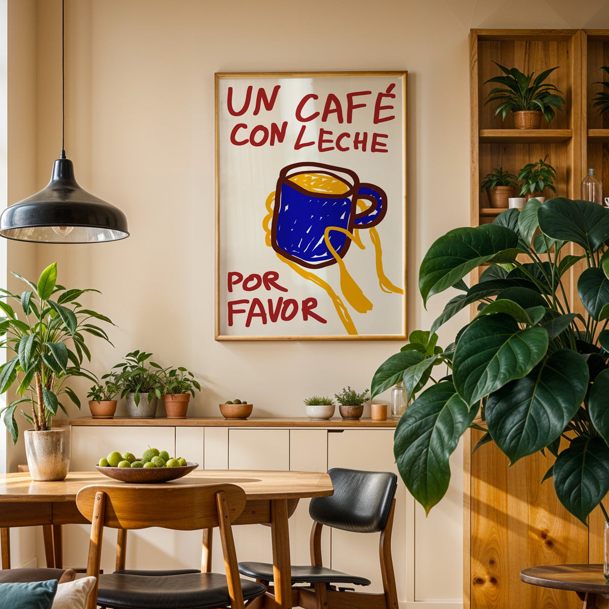 Un cafe con leche print in an oak frame above a sideboard in a dining room