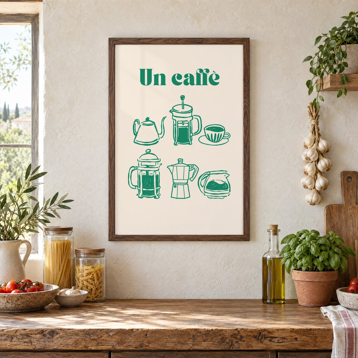 Un caffè green coffee makers print in a walnut frame above a rustic Italian pantry counter with pasta jars, garlic and tomatoes