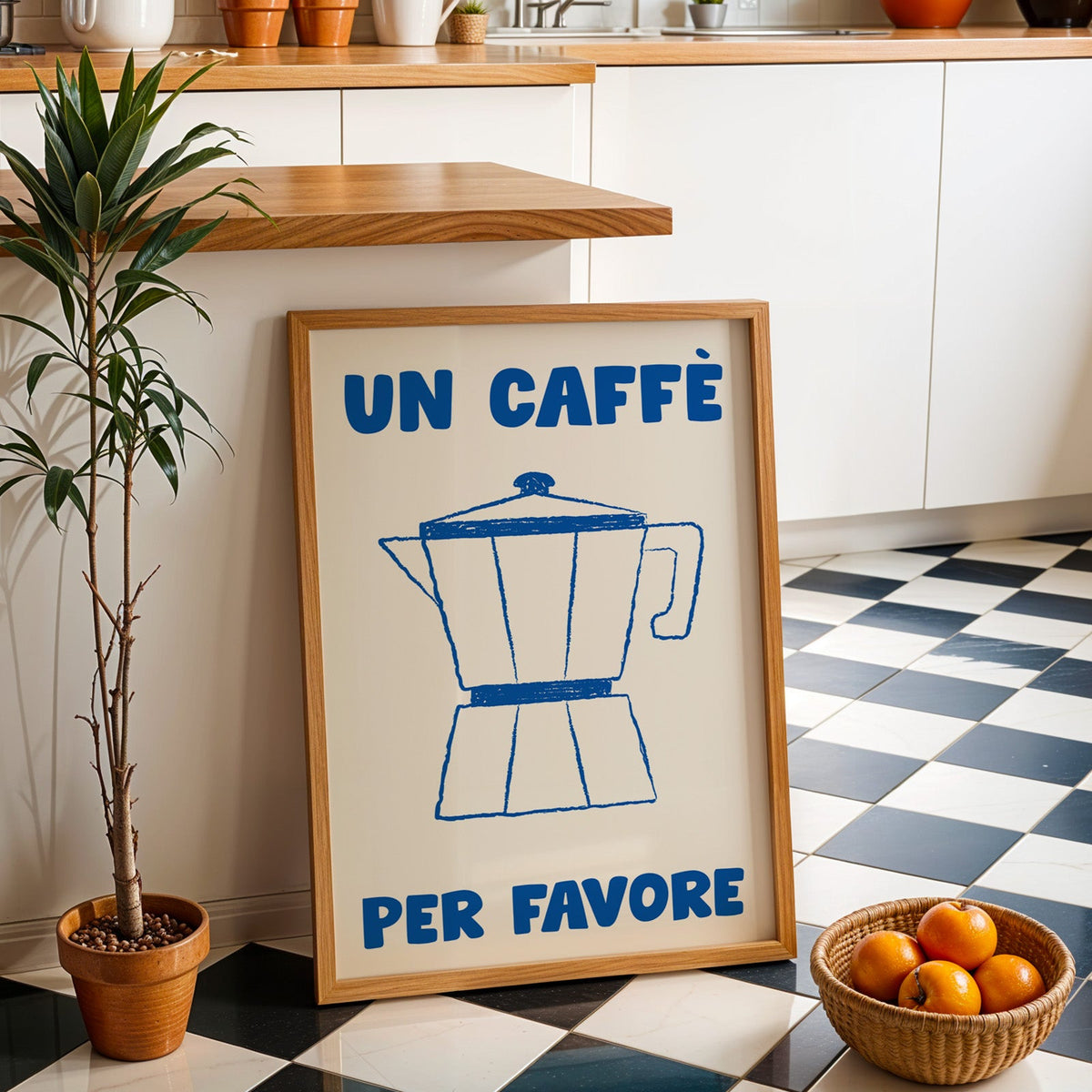Un caffe per favore moka pot print in an oak frame by a kitchen island