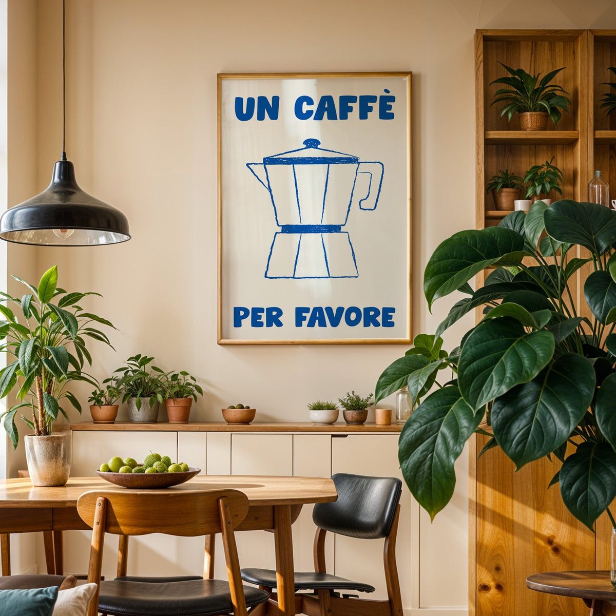 Un caffe per favore moka pot print in an oak frame above a sideboard in a dining room