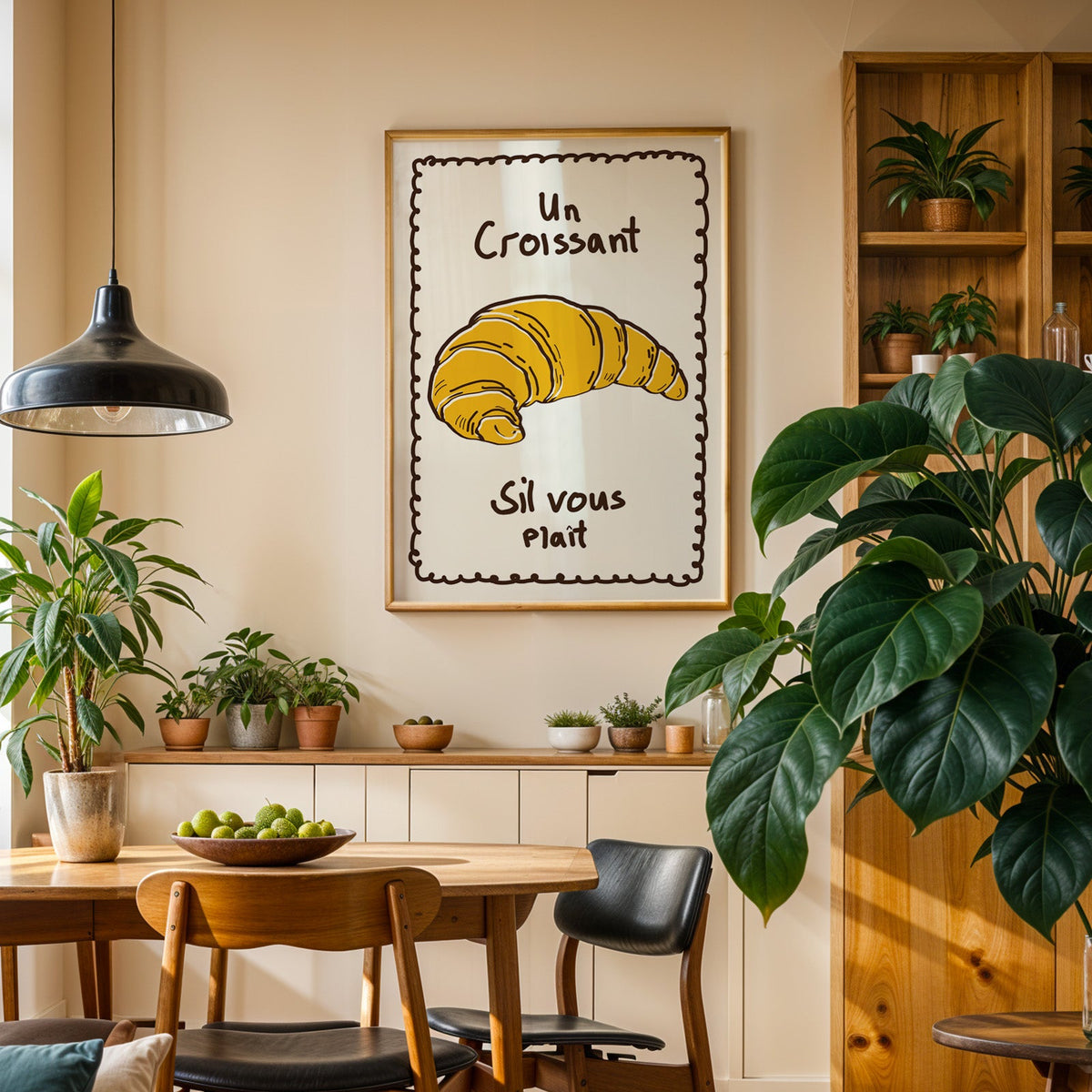 Un croissant yellow bakery print in an oak frame above a sideboard in a dining room