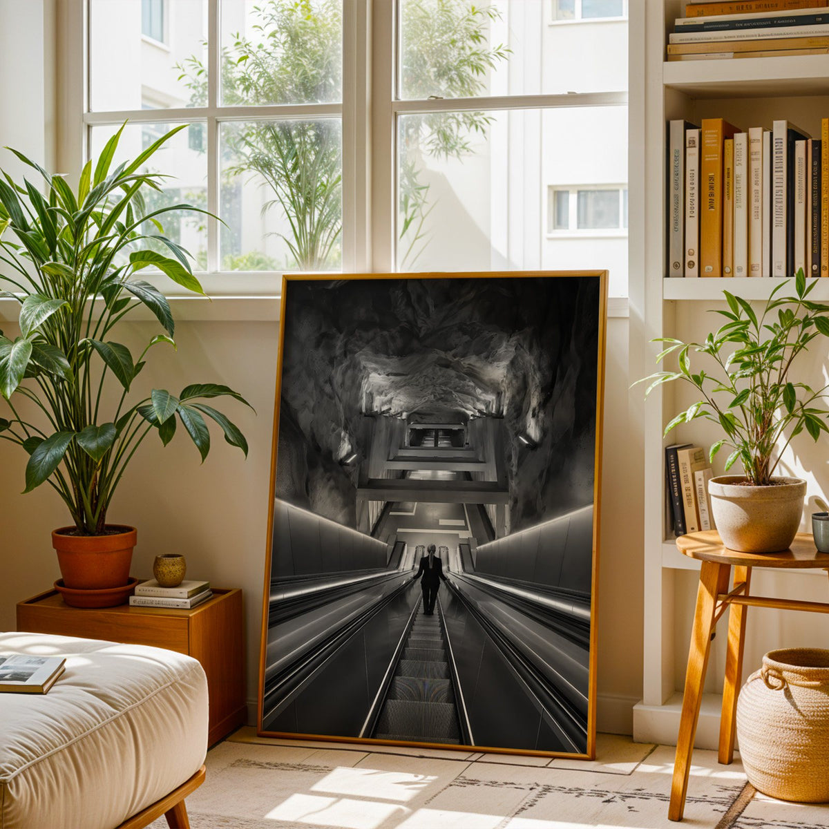 Black and white rock cave subway escalator print shown in a brass frame leaning on a sunlit living room floor