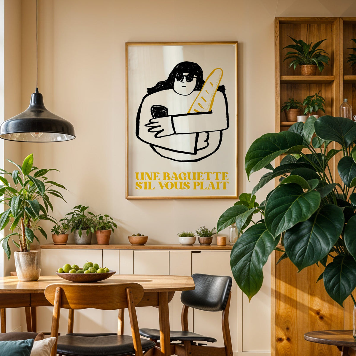 Une baguette french market print in an oak frame above a sideboard in a dining room