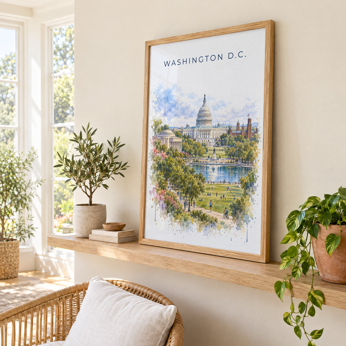 U.S. Capitol watercolor print in an oak frame on a picture ledge in a sunlit sunroom