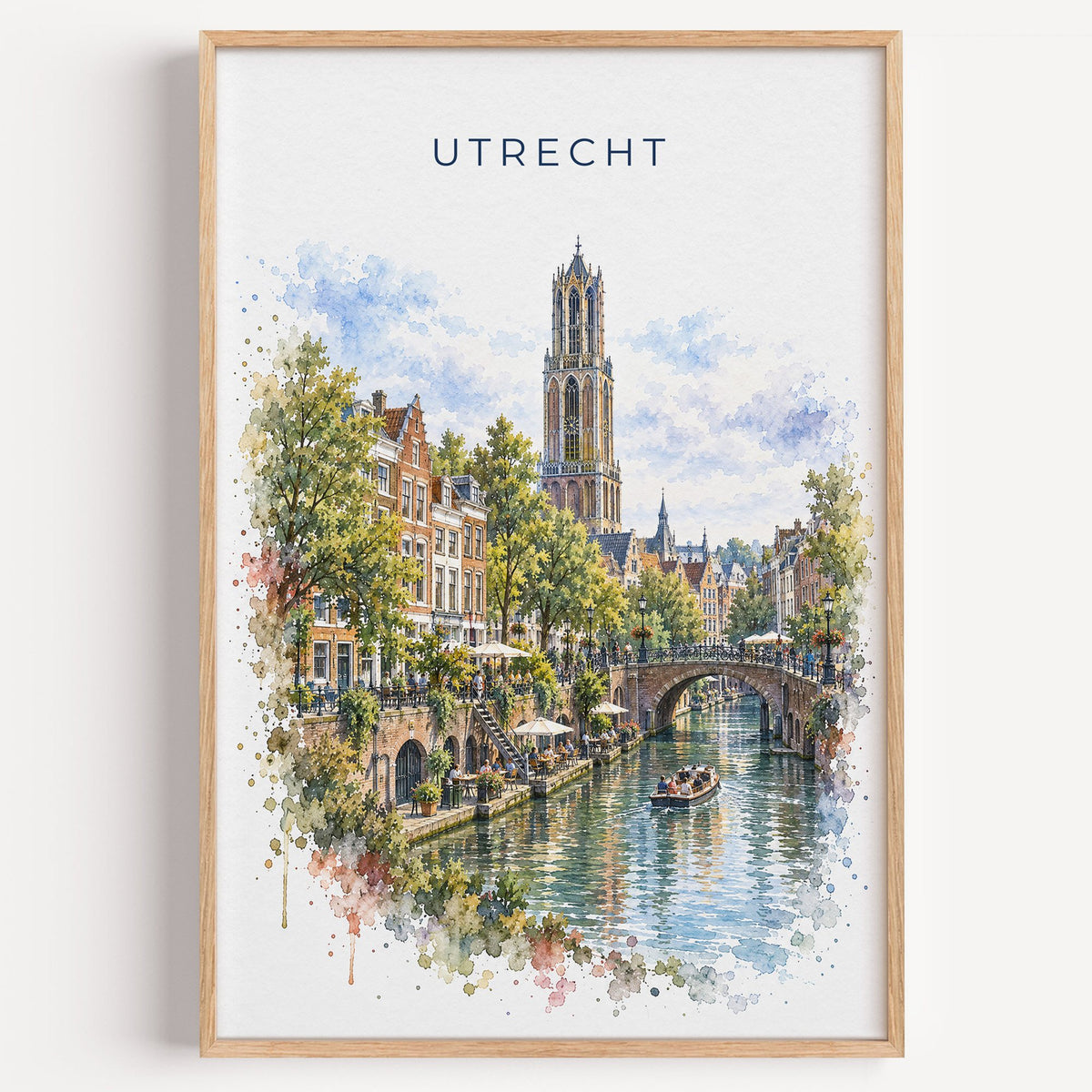 Utrecht watercolor print in a light oak frame on a plain white wall