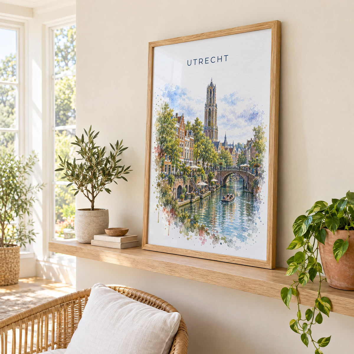 Utrecht watercolor print in an oak frame on a picture ledge in a sunlit sunroom