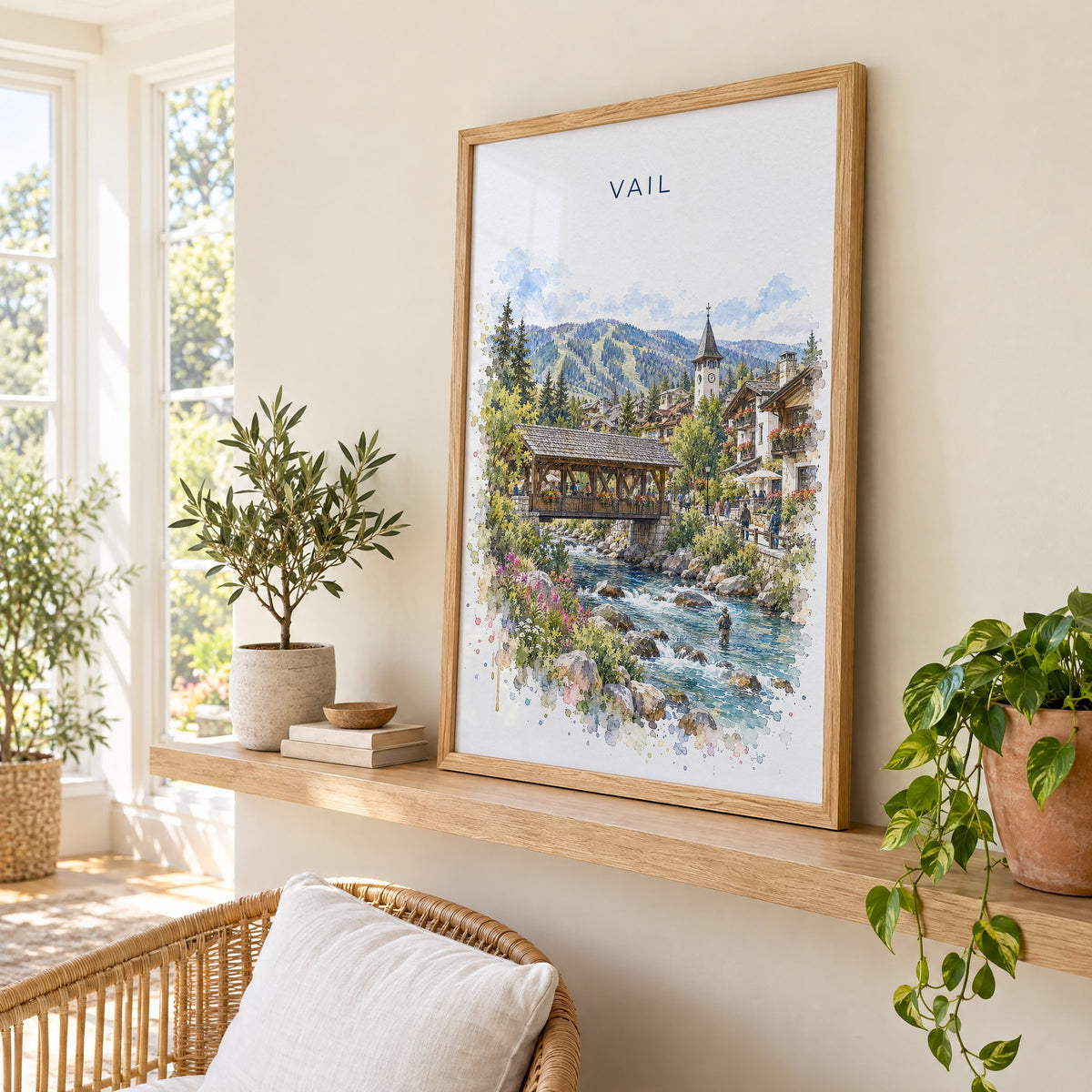 Vail, Colorado watercolor print in an oak frame on a picture ledge in a sunlit sunroom