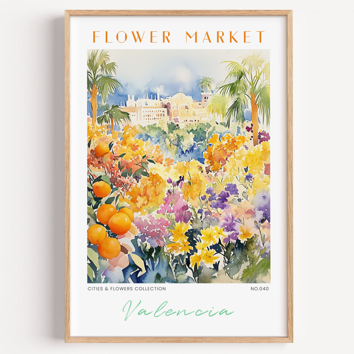 Valencia flower market print in a light oak frame on a plain white wall