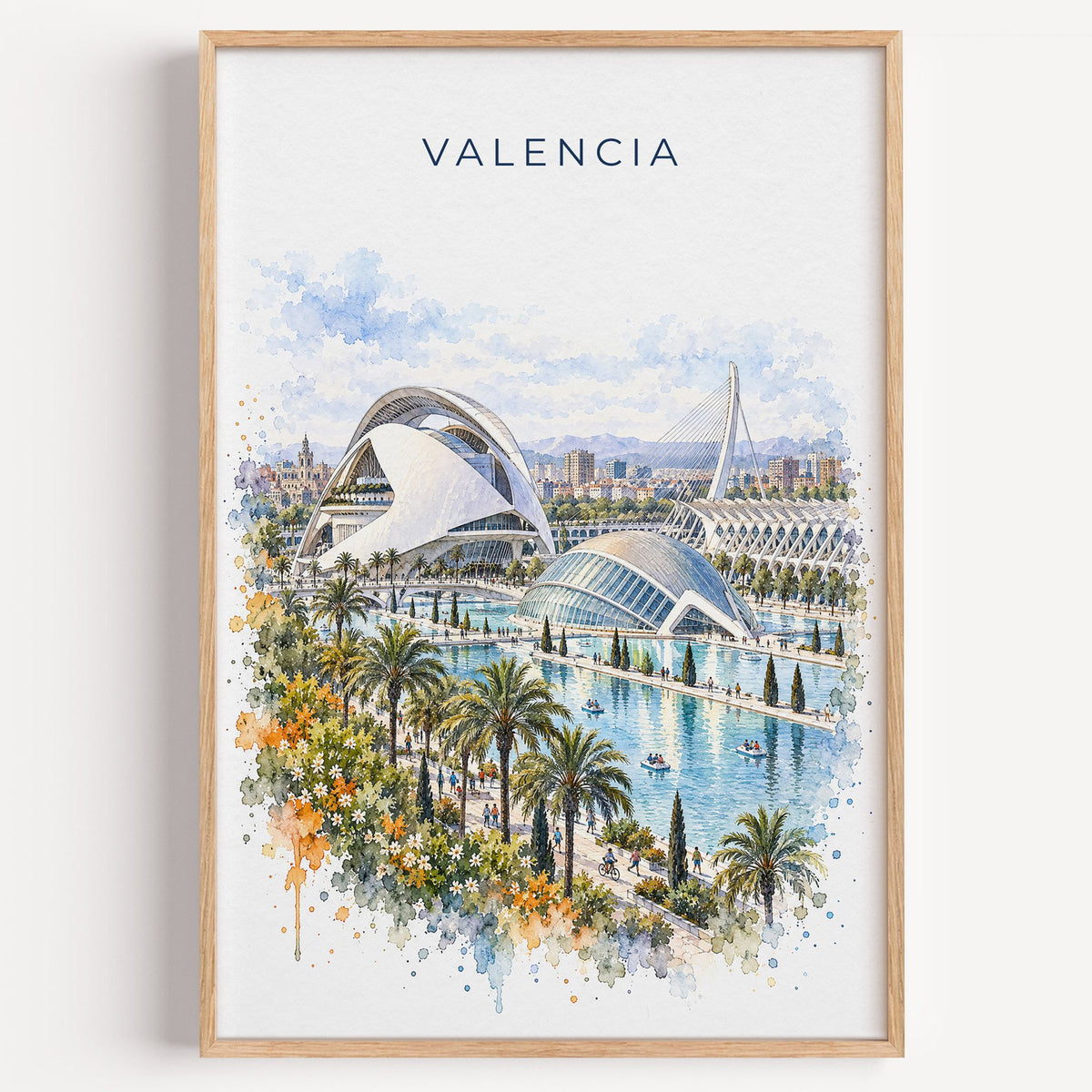 Valencia, Spain watercolor print in a light oak frame on a plain white wall