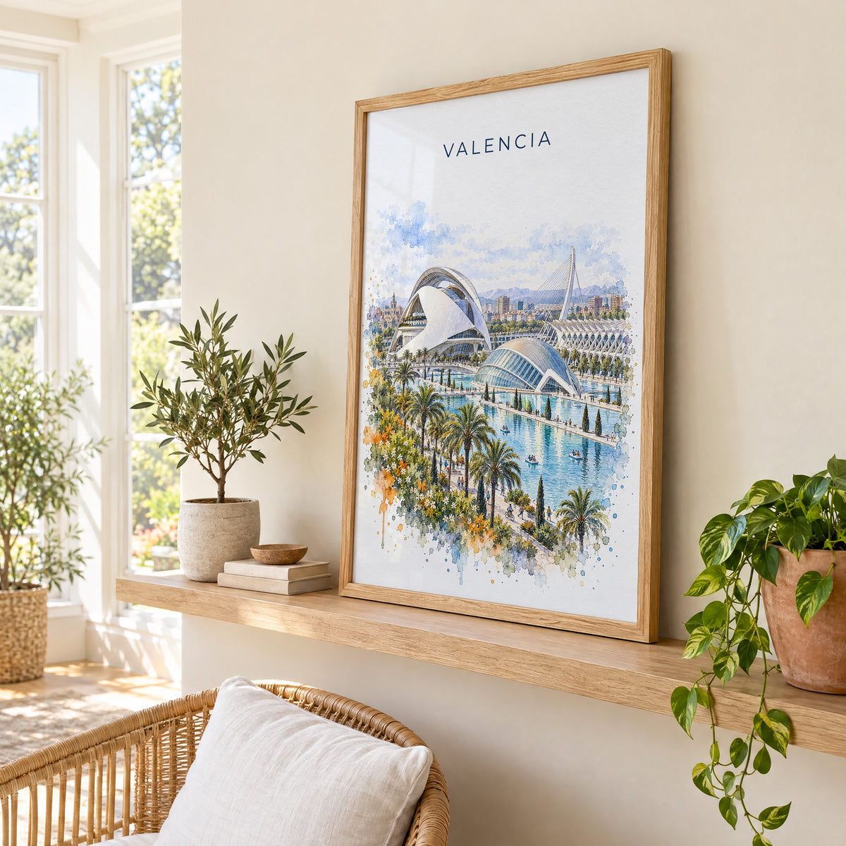 Valencia, Spain watercolor print in an oak frame on a picture ledge in a sunlit sunroom