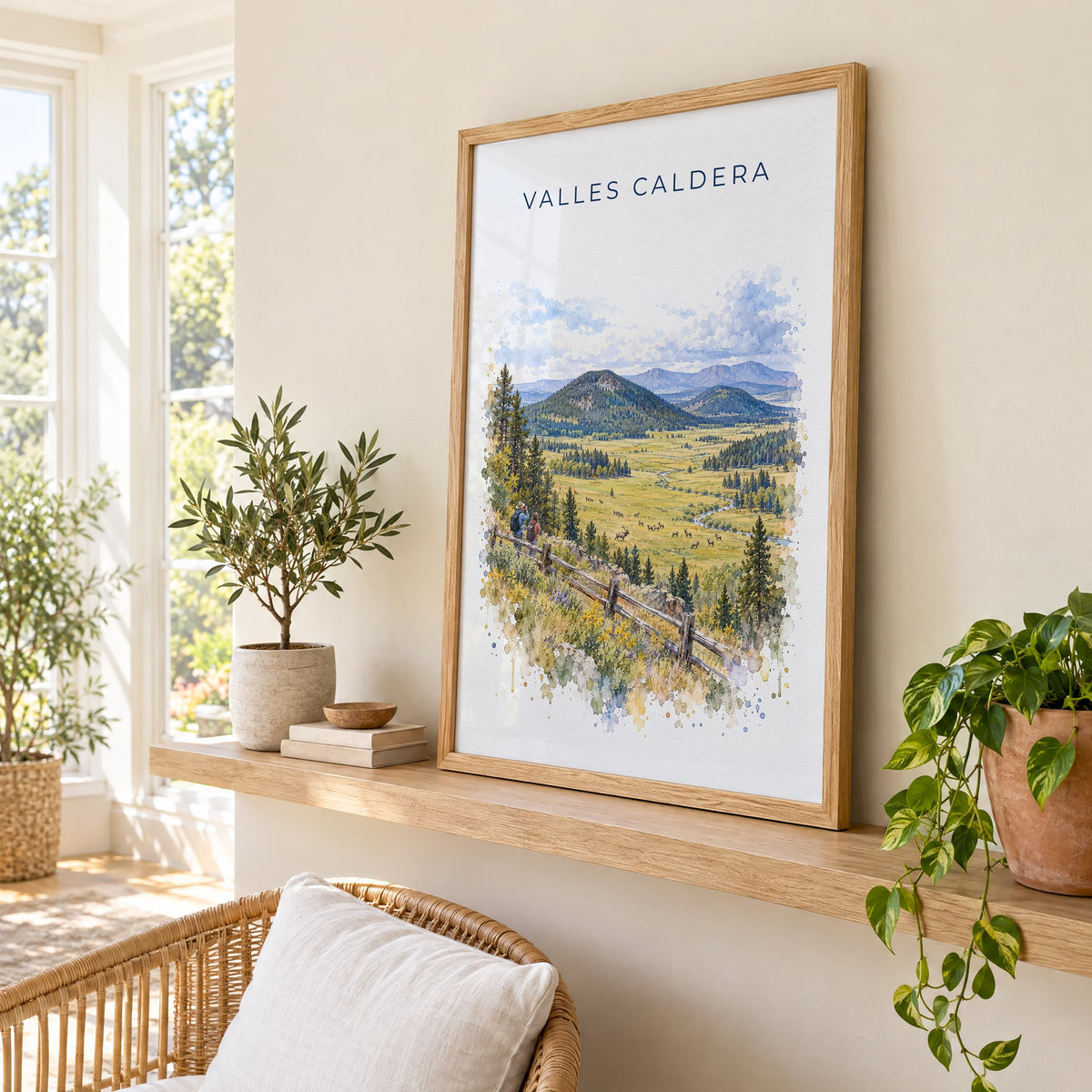 Valles Caldera National Preserve watercolor print in an oak frame on a picture ledge in a sunlit sunroom
