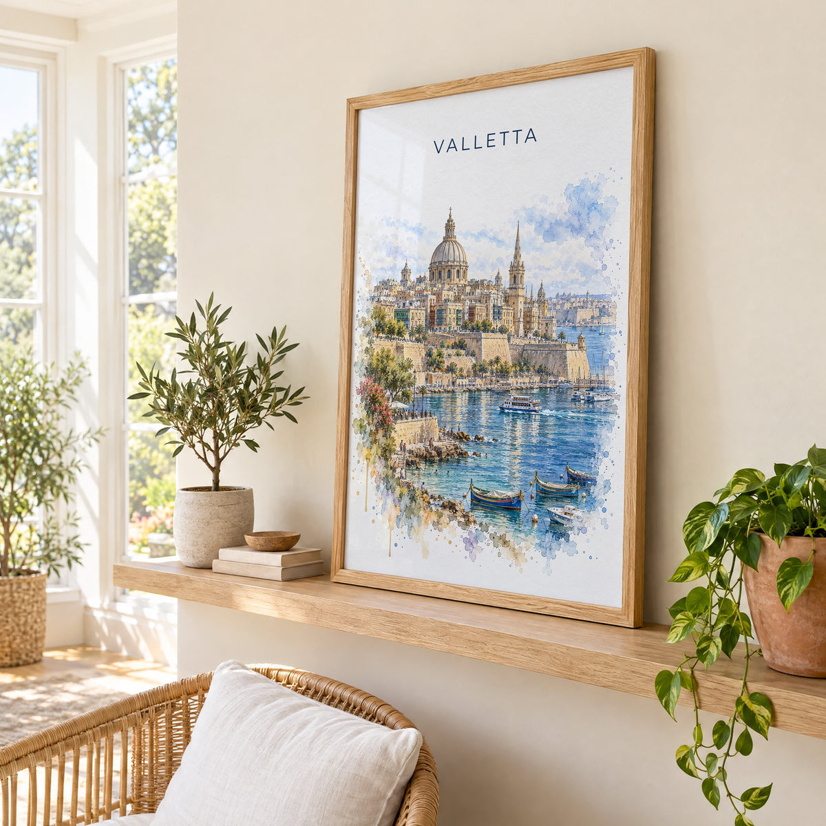 Valletta watercolor print in an oak frame on a picture ledge in a sunlit sunroom