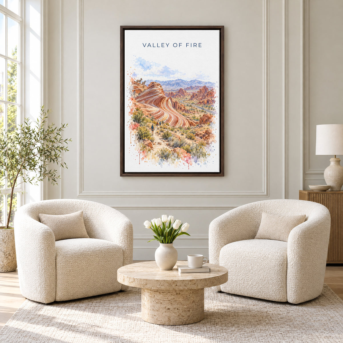 Valley of Fire watercolor print as an espresso floater canvas above two boucle armchairs in a hotel lounge