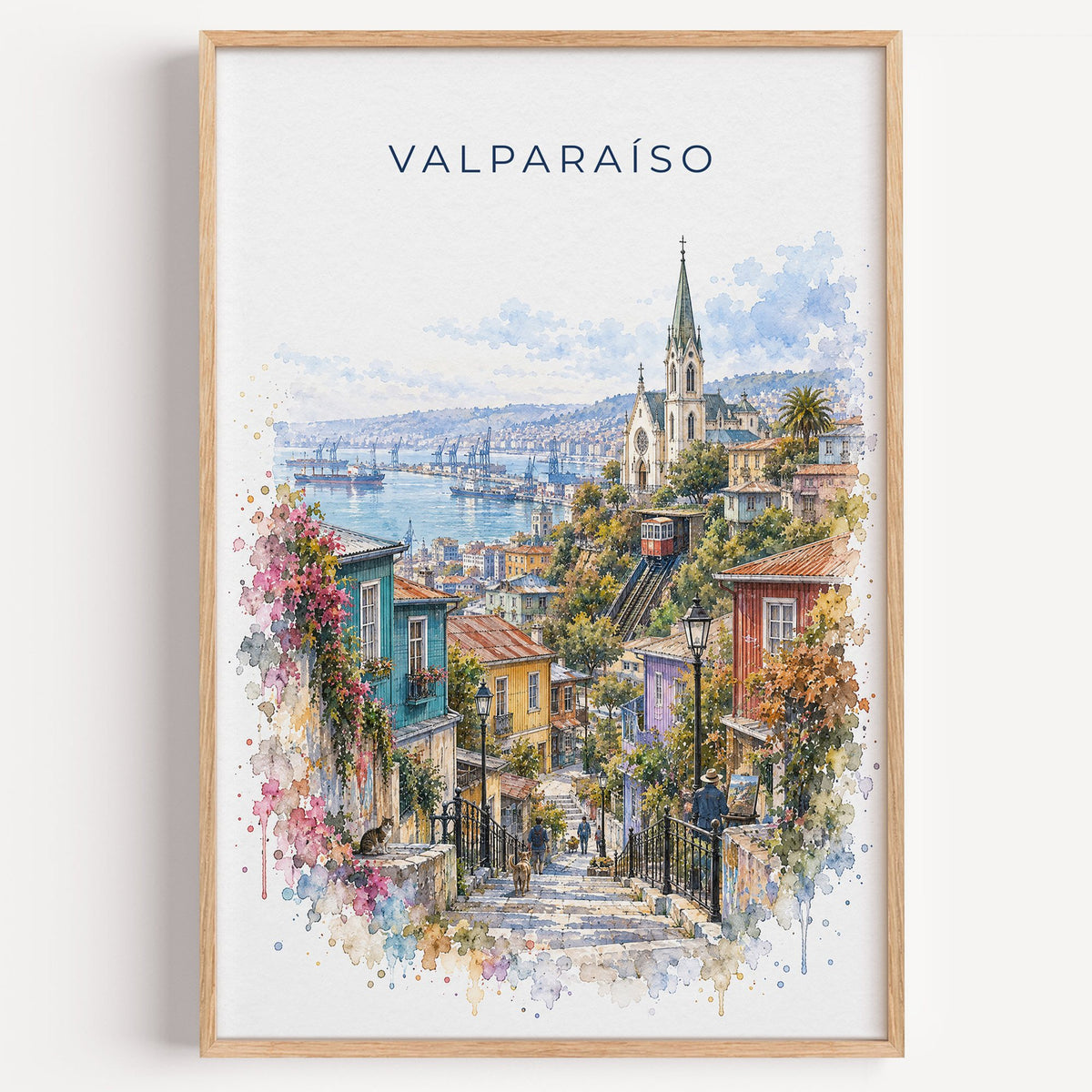 Valparaíso watercolor print in a light oak frame on a plain white wall