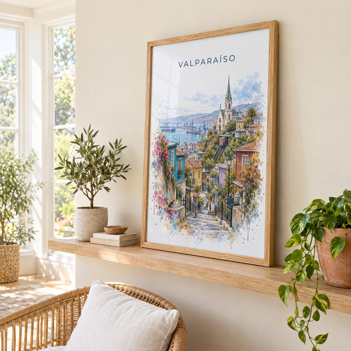 Valparaíso watercolor print in an oak frame on a picture ledge in a sunlit sunroom