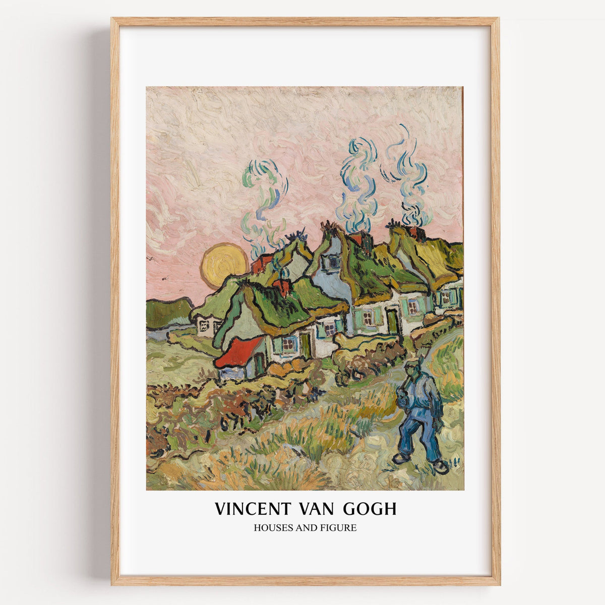 Van Gogh Houses and Figure print in a light oak frame on a plain white wall