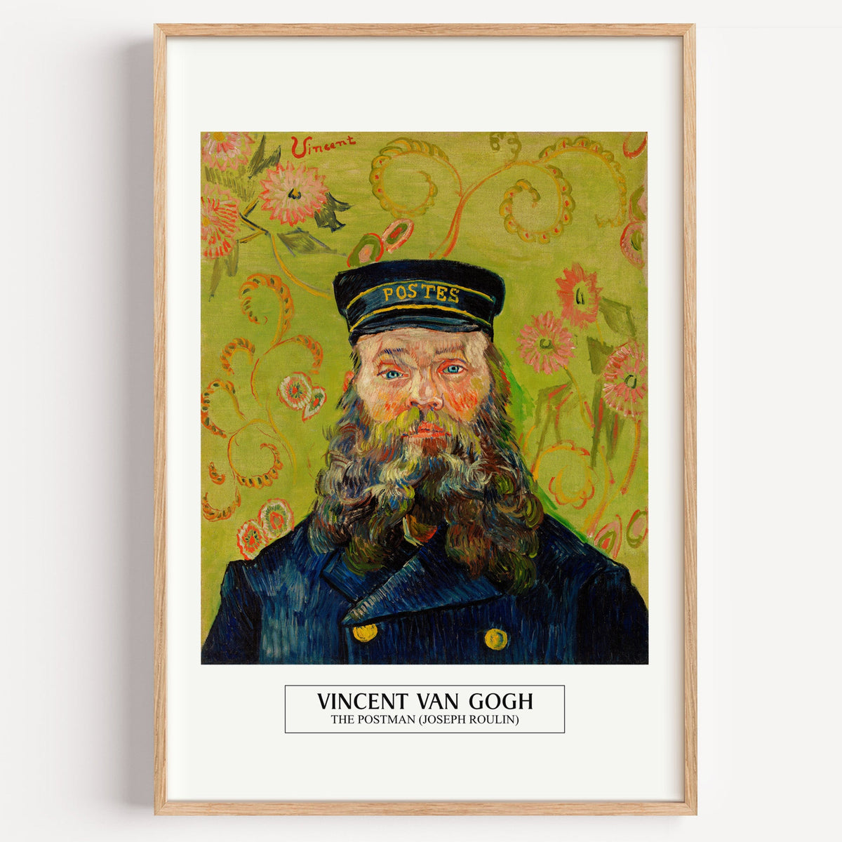 Van Gogh The Postman Joseph Roulin print in a light oak frame on a plain white wall