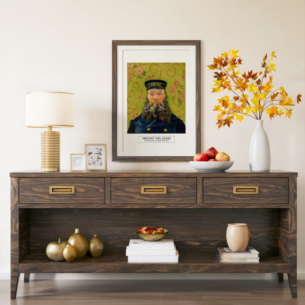 The Postman Roulin print in a walnut frame above a console with autumn branches