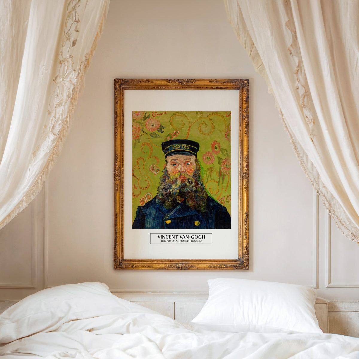 The Postman Roulin print shown in an ornate gold frame above a canopy bed
