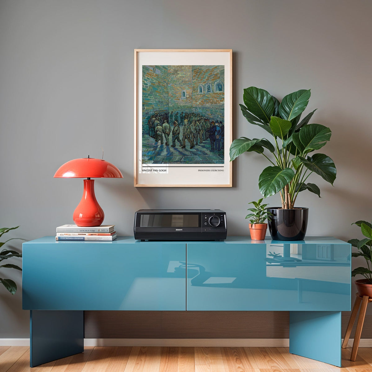 Van Gogh teal fine art poster in an oak frame above a teal sideboard with a red lamp