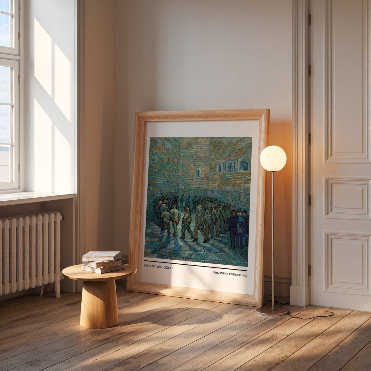 Van Gogh fine art print in a wide pine frame leaning by a sunlit window