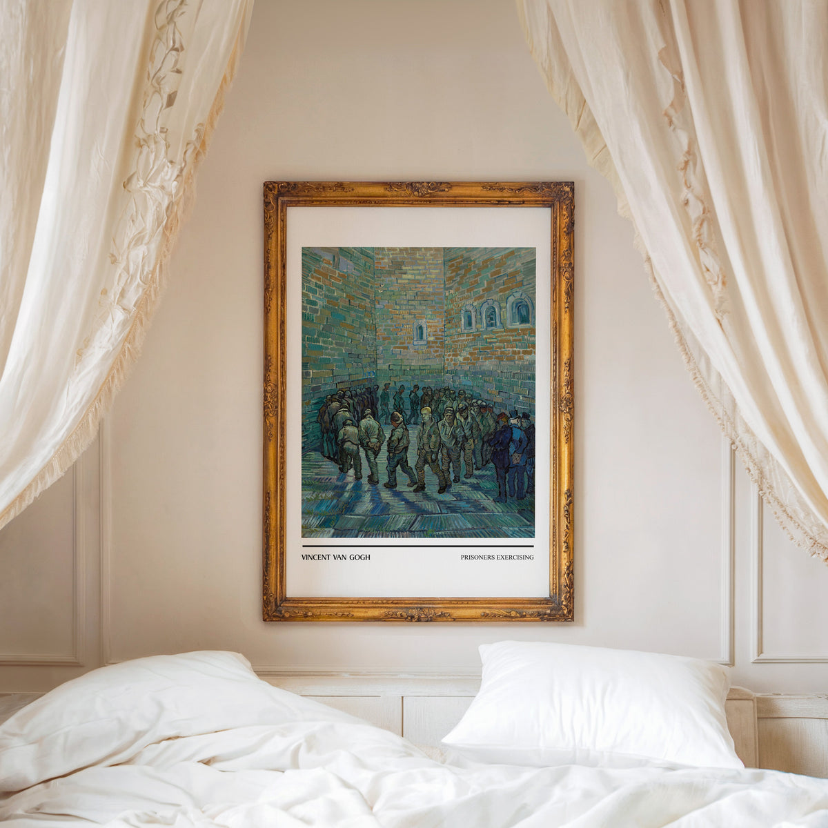 Prisoners Exercising print shown in an ornate gold frame above a canopy bed