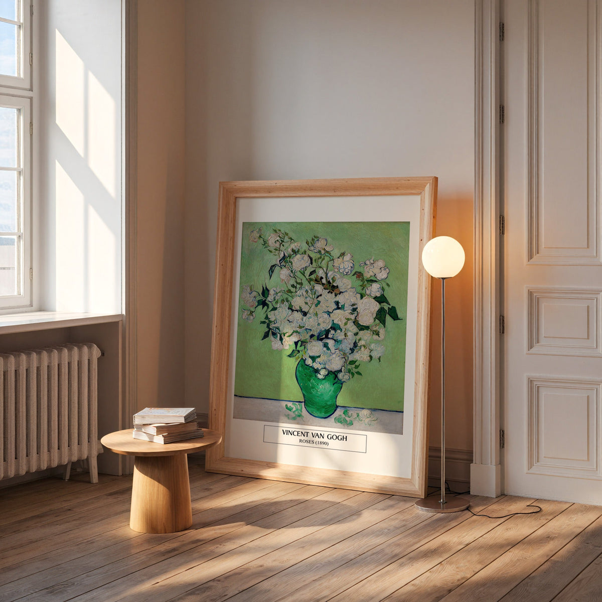 Van Gogh still life print in a wide pine frame leaning by a sunlit window