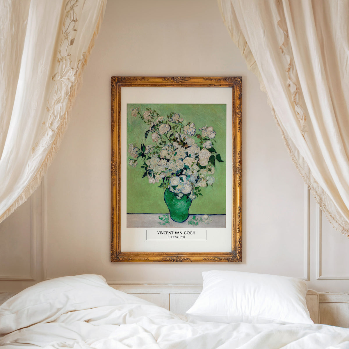 Van Gogh Roses print shown in an ornate gold frame above a canopy bed