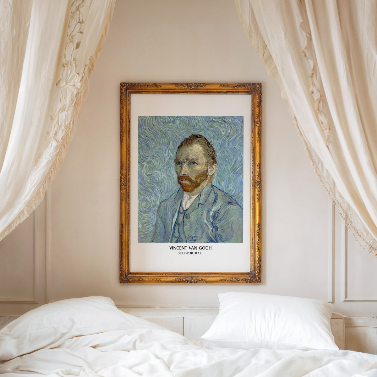 Van Gogh Self-Portrait print shown in an ornate gold frame above a canopy bed